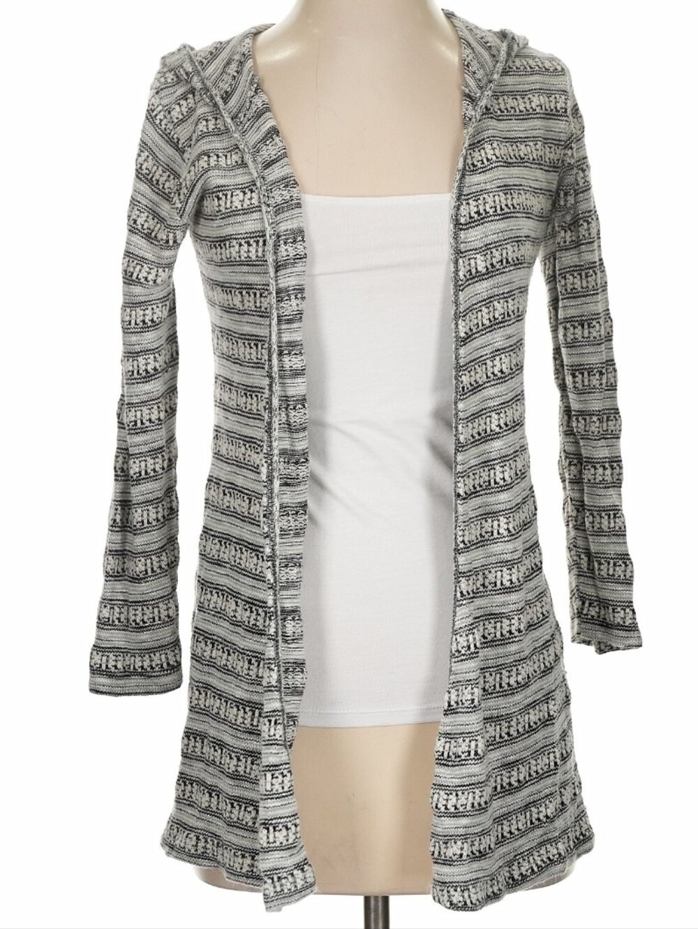 Say What? Open-Front Hooded Knit Cardigan Sweater - Black & White